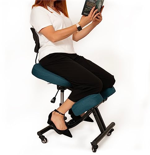 BLACK POINT Ergonomischer Kniestuhl aus Leinen O'KNEEL PRO für Zuhause und Büro. Ergonomischer Bürostuhl (Dunkeltürkiser Leinenbezug im Lieferumfang enthalten)
