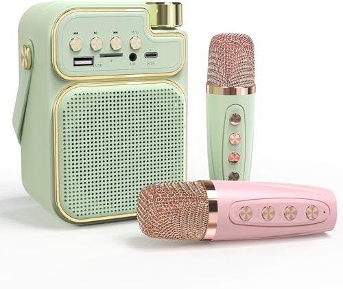 Mini máquina de karaoke para niños y adultos, altavoz Bluetooth portátil con 2 micrófonos inalámbricos, compatible con radio Bluetooth/USB/TF/AUX/FM, juguetes de regalo para niñas, fiesta familiar en