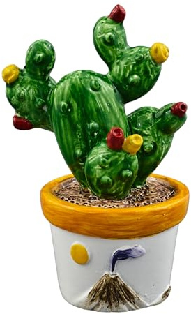 Doni Bomboniere Matrimonio 12PZ Piantina di Cactus in Ceramica Segnaposto Calamita Simboli Sicilia Nozze Feste A Tema Vulcano con Fiori Gialli E Rossi Vaso CN Raffigurazione Sole Idee Regalo Complete