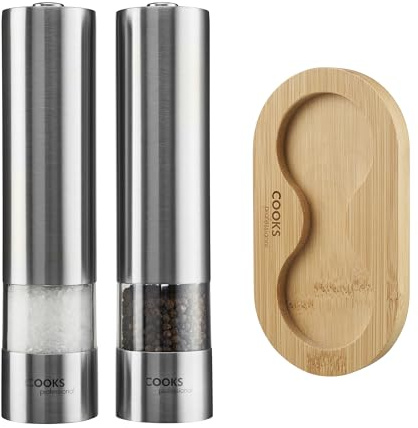 Cooks Professional Elektrisches Salz- und Pfeffermühlen-Set mit Bambusboden | Batteriebetriebene automatische Mühlen mit einstellbarem Mahlen & One-Touch-Bedienung | Gewürzmühle & Ständer | Edelstahl