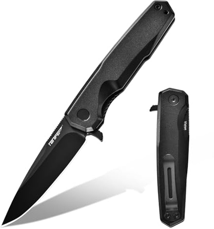 TONIFE Visión Cuchillo Plegable al Aire Libre con Hoja de 8Cr14MoV y Mango de Aluminio Cuchillo de Supervivencia con Clip de Bolsillo para Camping Bushcraft (Negro - Negro Titanio)