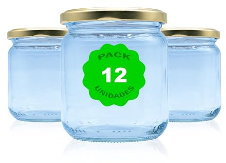 Pack 12 Botes,frascos,tarros,envases de cristal con tapa/cerradura,ideal para almacenaje de comida,conserva,frutas y verduras.Diferentes tamaños y colores. (Dorado, 370ml)