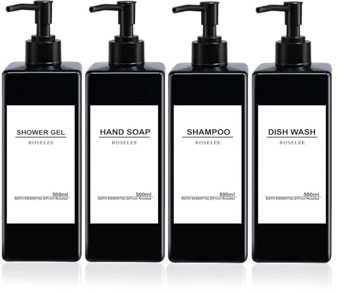 Roselee 4er Seifenspender Schwarz Set, 500ml Seifenspender Dusche, Kunststoff Pumpspender mit Trichter und Wasserdichten Etiketten Shampoo Spender für Küche Badezimmer Bad