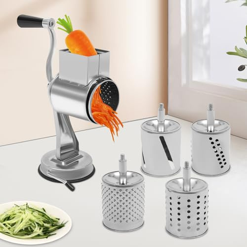Mermajestic Käsereibe mit Kurbel Reibe für Gemüse mit 5 Edelstahl Austauschbaren Trommelklingen Manuelle Schnelltrommelmühle Gemüseschneider Ideal für Gurken Käse und Nüsse Karotten usw