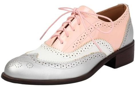 ANUFER Mujeres Color de Contraste Tacón de Bloque Wingtip Brogues Caña Baja Oxfords Zapatos de Salón