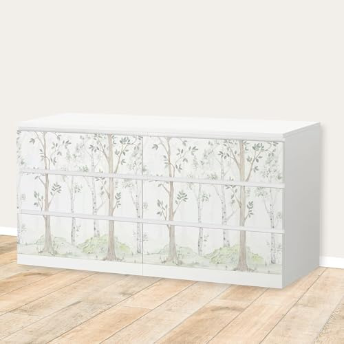 Unik Nordic Aufkleber Set Birkenwald Aquarell für MALM Kommode mit 160 cm Schrankbreite, 6 Schubladen-Folien, Sticker für Schrank, Möbelfolie fürs Kinderzimmer, Schrankfolie für Kinder