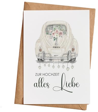 Glückwunschkarte zur Hochzeit mit Umschlag aus Kraftpapier. Hochzeitskarte Grußkarte Vermählung Just Married Wedding Motiv Hochzeits Käfer (KT_039-4)
