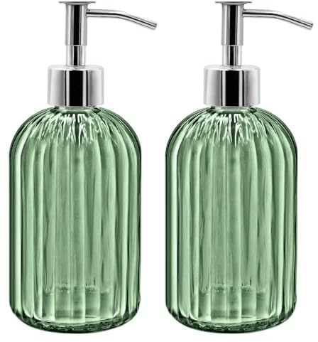 2 Pack Glass Soap Dispenser Bottle with Pump, 14 Oz Refillable Liquid Hand Jar Dispenser for Bathroom, Countertop, Kitchen, Laundry Room (Light Green)