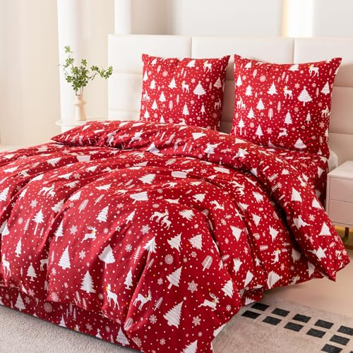 Cotton Market Bettwäsche Weihnachten Set 135 x 200 cm Wintermotiv Rentiere Tannenbäume Bettbezug mit 2 Kissenbezügen 70 x 80 cm Microfaser Weihnachtsrot Mit Reißverschluss Kuschelig Pflegeleicht