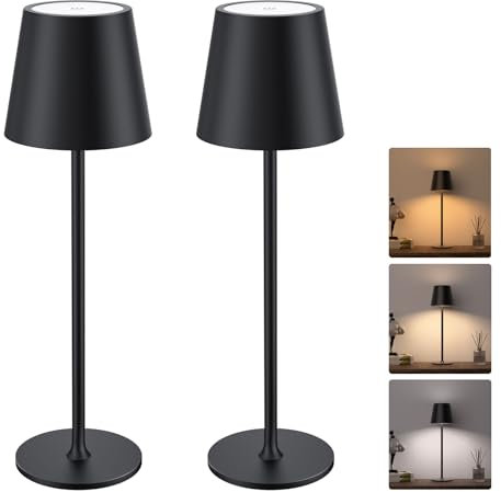 JACKYLED Tischlampe Kabellos, Wiederaufladbar mit 5000mAh Akku, 3 Höhen Verstellbar, 3 Farbtemperaturen Dimmbar (cremefarben, Schwarz-2 Stück)