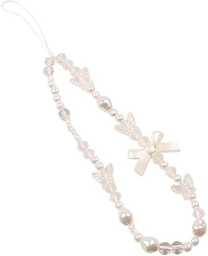 Mobile Phone Lanyard Universal Phone Chain Bow Butterfly Pearl Beaded Phone Lanyard Wrist Strap Anti Lost Phone Charm Strap Fashion Cute Phone Case Keychain Wallet Decoration Pendant for Women