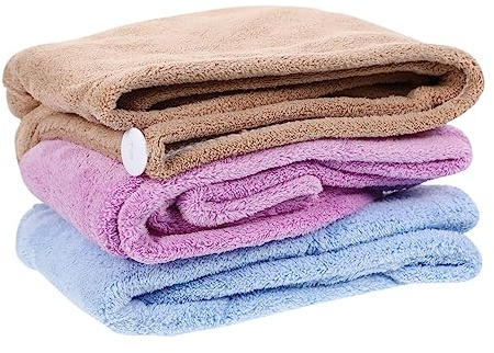Pack Haartrocknungshandtücher aus Korallenfleece, Trocknende Hauben | Reisen und Zuhause, Knopf Design Zufällig, Frizz und Haarbruch, 3 Stück Zufälliger Stil