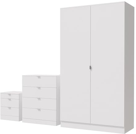 Nera 3 Piece Bedroom Furniture Set Wardrobe Chest of Drawers Bedside Table Set Bedroom Furniture Sets for Storage (White)