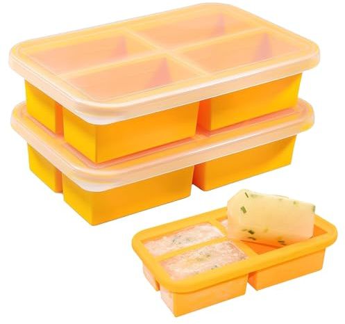 2 Pack Extra Large Soup Containers for Freezing, Silicone Cube Soup Freezer Mould with Lid, Meal Prep Soup Storage Containers, Large Ice Cube Tray for Sauce, 4-Compartment Freezer Container,Orange