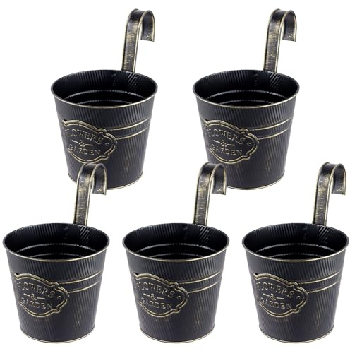 CHUENKUK 5er Set Vintage Metall Blumentopf Hängend, 15x14x11cm Schwarz mit Haken & Drainageloch, Hängetöpfe für Balkon & Garten