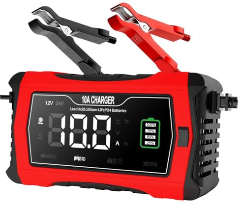 Vocdikficy Carica Automatica da 10 A per Batterie al -Acido al Litio LiFePO4 GEL Caricabatterie per Motociclette Caricabatterie per Auto 12 V 24 V (UE)