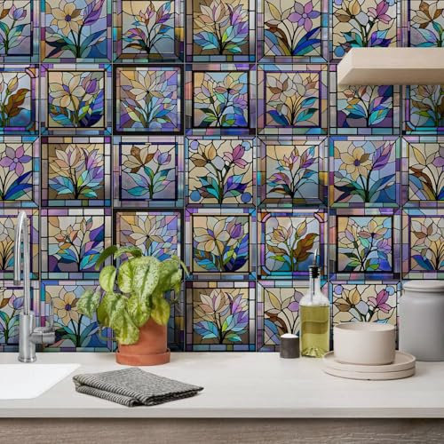 Credence Adhesive Pour Cuisine Fleur En Verre Carrelage Adhesif Mural Cuisine,Pvc Imperméable Stickers Carrelage Salle De Bain,Stickers Muraux Cuisine Auto-Adhésif 12 PC(15x15cm)
