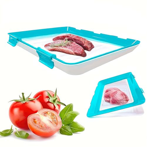Multi-Colors 12X8.6 Stackable Stretch Fresh Storage Trays, Silicone Food Storage Trays, Reusable Food Preserving Tray with Buckle, Food Storage Container for Fridge Vegetable Fruit Meat (blue 4pcs)