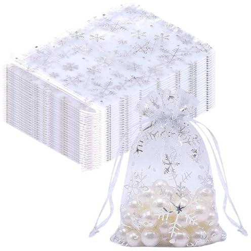 BORISCA 110 Stück 13x18 cm Organzasäckchen Weihnachten Weiß Geschenksäckchen, Geschenk Organzabeutel mit Schneeflockenmuster, Weihnachten Geschenkbeutel mit Kordelzugpassend