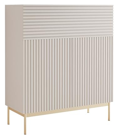 Selsey Kommode mit LED-Beleuchtung Modernes Sideboard in Kaschmir mit Push-to-Open Schlafzimmer Kommode 92cm Breite 4 Ablagen und Klappfach Elegante Goldene Metallbeine für Wohnzimmer