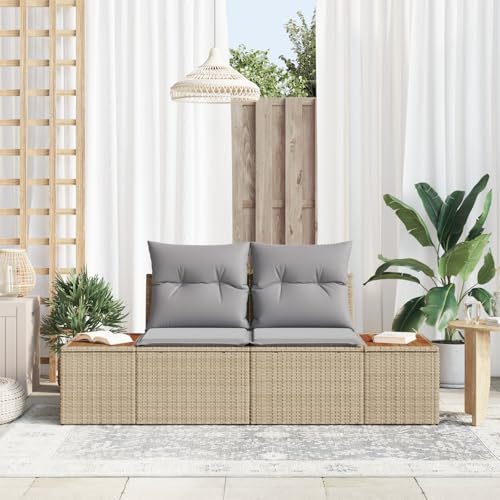 WEMYUFURN Modernes Outdoor-Sofa aus Rattan und Polyester mit Stauraum, Wetterfest für Terrasse, Balkon und Garten, Beige-Grau, DREI-Sitzer mit Kissen, Stylisches Design, Robust