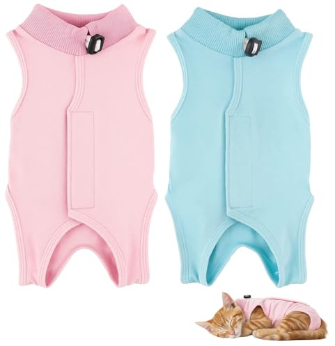 2 Stück Postoperative Katzenbekleidung, Katzenbody Nach Op, Katzen Body Für Katzen Operation, Bequeme Kleidung In Blau Und Rosa