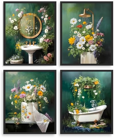 Dazzlewall 4er Set Botanische Badezimmer Wandkunst, Vintage Grünpflanzen Blüten Badewanne Waschbecken Dusche Wandbilder Ohne Rahmen 20x25 cm