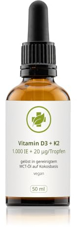 Vitamin D3 K2 Tropfen hochdosiert – VEGAN – 50 ml – Premium Vitamin D3 mit 1.000 IE (25 µg) + Hochwertiges K2-MK7 all-trans (20 µg) - Optimale Bioverfügbarkeit - ohne unnötige Zusätze
