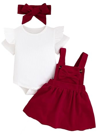 UUAISSO Set di Gonne Neonata Top a Maniche Corte e Gonna con Bretelle e Fiocco Vestiti Estivi per Neonata Rosso vino 0-3 mesi