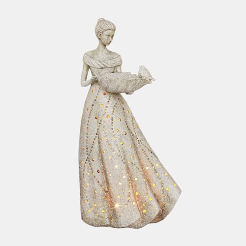 Loberon LED-Deko-Figur Maurelle - Inklusive Wassertränke für Vögel - Romantischer Look - Langlebig - Gartenfigur - Gartendeko - Outdoor - Polyresin - antikcreme