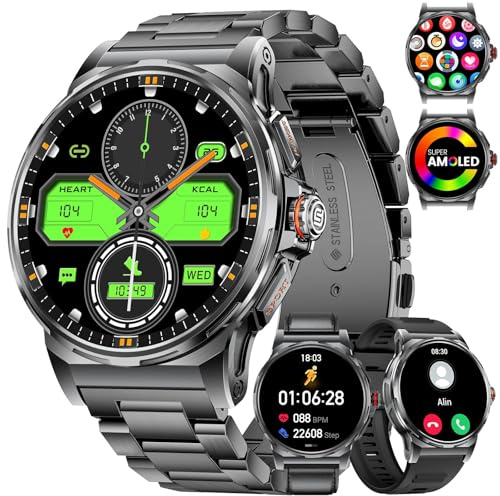 Militär Smartwatch Herren, 1,43-Zoll-AMOLED-Smartwatch mit Bluetooth-Anruf, 3 Armbänders, IP68 Wasserdicht/Herzfrequenz/Schlafmonitor, 120+ Sportmodi Outdoor Sportuhrfür Android iOS, Schwarz