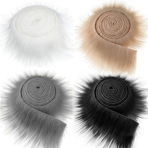 Gtwinsone 4 Stück Kunstfell zum Basteln Meterware 5x150x10 cm Fell zum Basteln Fell Stoff Fellimitat Meterware Kunstpelz Fellstoff Band für Santa Hair Dwarf DIY Dekoration (Weiß Braun Schwarz Grau)