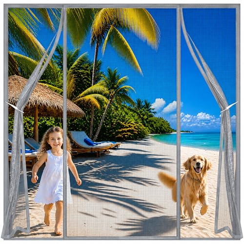 Patio Fly Screen Door Double Grey 140x200cm Extra Wide Magnetic Fly Screen Door Curtain with Full Frame Tape Suitable for All Types of Sliding Doors