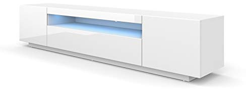 BIM Furniture Meuble TV Blanc Brillant Aura 200 cm Banc Télévision Design Suspendu ou Posé pour Salon et Chambre avec Niches de Rangement Pratiques Meuble Universel Premium