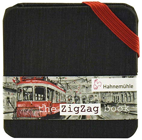 Hahnemühle Mini Zig-Zag Book, Aquarell-Skizzenbuch Leporello 5x5 cm, naturweiß, mit rotem Gummiband