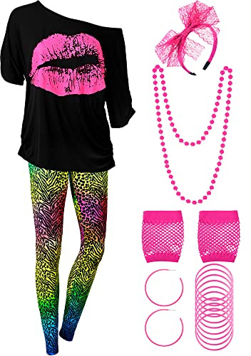 80er Jahre Damen Kostüm Set, T Shirt, Legging Hose Ohrring Halskette Handschuhe Armband(Kurz Ärmel Leopard,L)