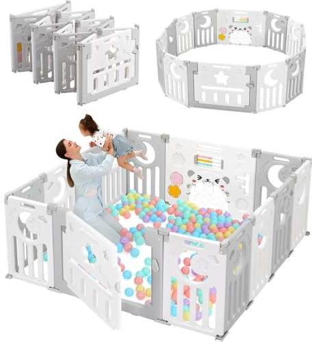 Dripex Laufstall Baby faltbar 150x150x62cm (14 Paneele) mit Spielboard, Laufgitter Baby, Kinderlaufstall & Babyzaun aus strapazierfähigem Plastik, Playpen für Innen & Außen, Grau