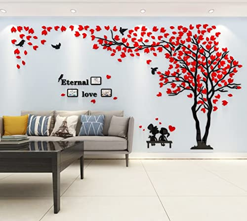 Baum Wandaufkleber Wandtattoo 3D DIY Sticker mit Familie Bilderrahmen Fotorahmen Wandbilder Wandkunst für Wohnzimmer Schlafzimmer (Rot Rechts,XL-180 * 350cm)