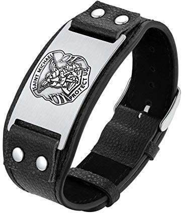 Bandmax Herren Jungen personalisiertes ArmbandSchwarz Faux Leder Armband Thors Hammer/St. Micheal/St. Florian/Kompass/Wolf/Heiliger Christophorus Manschette Armband Punk Stil Amulett Mode Armschmuck
