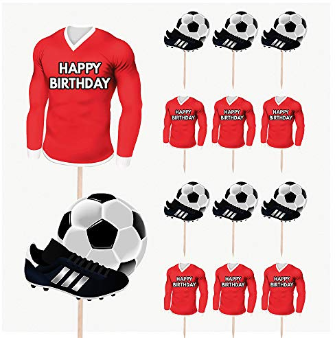 AK Giftshop Football Birthday Cupcakes Cake & Food Decorations Party Picks Toppers - RED Team Colours (Pack of 14)