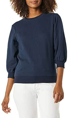 Amazon Essentials Women's French Terry Fleece Crewneck Sweatshirt with Sleeve Detail, Navy, M
