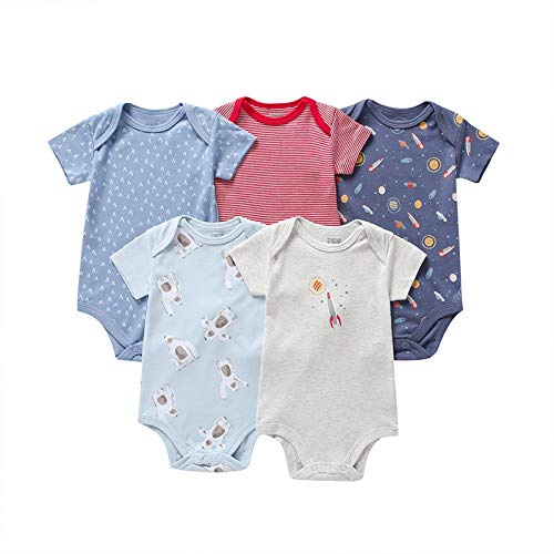 amropi 5 Pezzi Body Bambino a Manica Corta Pagliaccetto di Cotone Neonato Tutina Set Blu/Rosso/Grigio, 3-6 Mesi