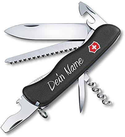 Victorinox Forester mit Wunsch Druck auf der Schale I Geschenk für Männer Frauen I zum Geburtstag I Schweizer Taschenmesser personalisiert mit 12 Funktionen 0.8363 (schwarz)