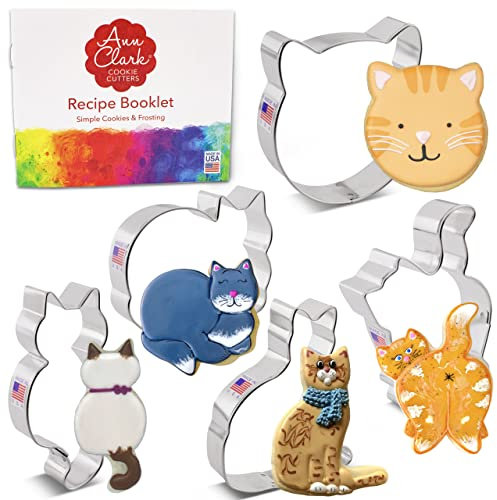 Cat Cookie Cutters 5-Pc. Set Made in The USA by Ann Clark, Cat Loaf, Cat Butt, Cute Kitty Cat, Cat Face, Curled Cat