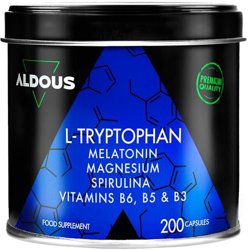 200 Cápsulas Triptofano con Melatonina y Magnesio + Vitamina B6, B5, B3 + Espirulina - Máxima Dosis Sueño + Descanso - 1,78mg de Melatonina con Magnesio - 600mg de Triptófano para Dormir Bien - ALDOUS