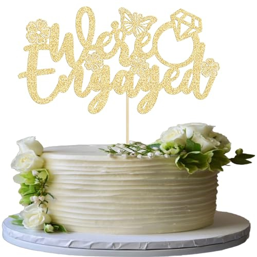 Gyufise 1Pcs We're Engaged Cake Topper Gold Glitter Engagement Cake Topper with Ring Butterfly Flower Bridal Shower Cake Pick Decorations for Wedding Engagement Theme Party Decorations