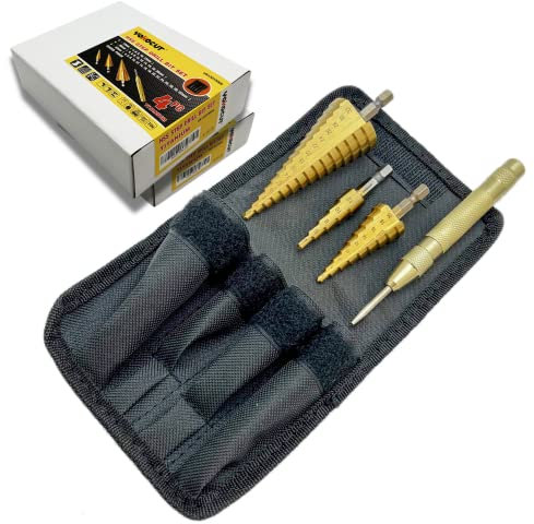 YOKOCUT 4-tlg Stufenbohrer Satz, Schälbohrer Kegelbohrer, Blechbohrer, Konusbohrer, Metallbohrer, HSS Titanbeschichtet Stufenbohrer für Heimwerker, 4-12mm/4-20mm/4-32mm mit Mittelstempel, Step Drill