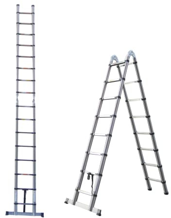 Teleskopleiter 5 m, 2,5 m + 2,5 m A-Rahmenleiter Edelstahl-Dachleitern ausziehbar, zum Fensterputzen, Malen, Dekorieren, 330 Pfund/150 kg Tragfähigkeit
