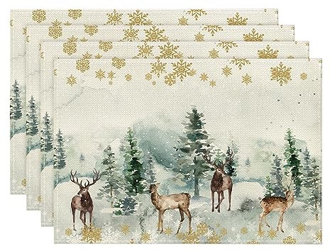 Artoid Mode Watercolor Deer Trees Snowflakes Christmas Placemats Set of 4, 30 x 45cm Winter Xmas Holiday Vintage Washable Table Mats