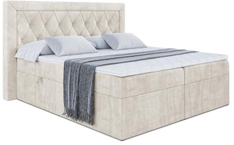 ALTDECOR Boxspringbett mit Matratze und Lattenrost, Boxbett, Topper, Polsterbett mit Bettkasten, Bett mit Stauraum H3-Matratze, Doppelbett, Springboxbett - Noel - 160x200 Beige Samt